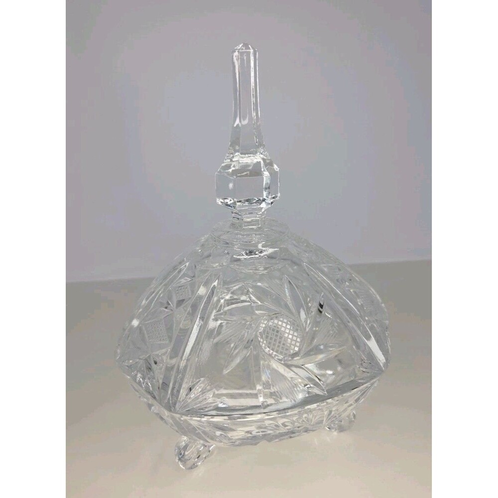 Vintage Large 9” Cut Glass Crystal Lidded Candy Serving Bowl Footed Dish Jar